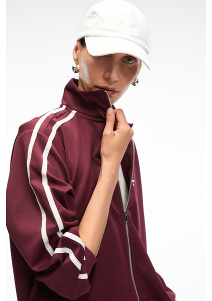 ZINNIE Kadın Regular Nakış Ve Yan Şerit Detaylı Metal Fermuarlı Dik Yaka Bordo Ceket