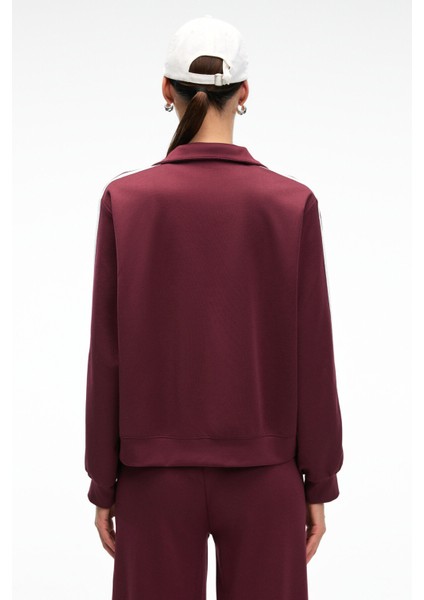 ZINNIE Kadın Regular Nakış Ve Yan Şerit Detaylı Metal Fermuarlı Dik Yaka Bordo Ceket