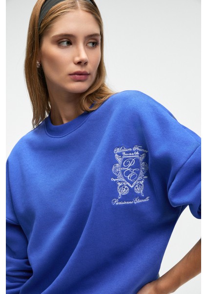 AUDRA Kadın Oversize Yuvarlak Yaka Nakış Detaylı Mavi Sweatshirt fiyatları