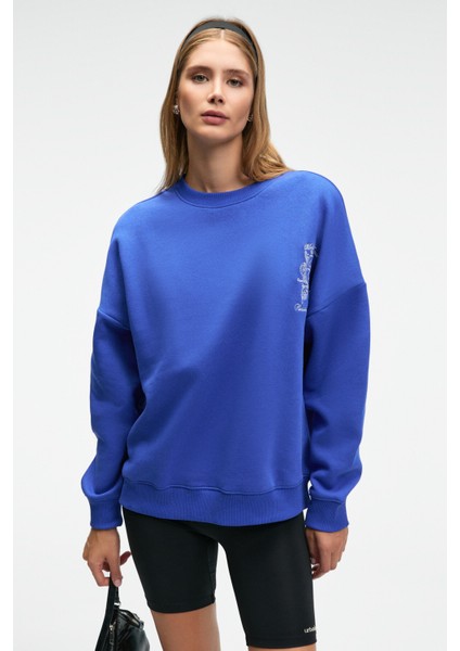 AUDRA Kadın Oversize Yuvarlak Yaka Nakış Detaylı Mavi Sweatshirt modelleri