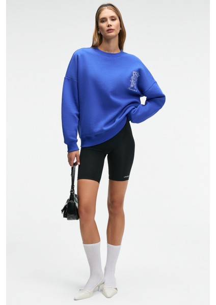 AUDRA Kadın Oversize Yuvarlak Yaka Nakış Detaylı Mavi Sweatshirt indirimleri