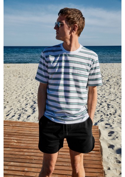 WOODY Erkek %100 Pamuk Nakış Detaylı Bisiklet Yaka Çizgili Regular Fit Beyaz-Yeşil Çizgili T-Shirt