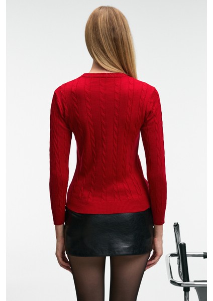 QUERIDA Kadın Yuvarlak Yaka Saç Örgülü Regular Fit Triko Kırmızı Kazak
