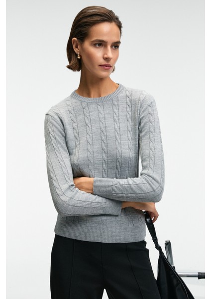 QUERIDA Kadın Yuvarlak Yaka Saç Örgülü Regular Fit Triko Grimelanj Kazak