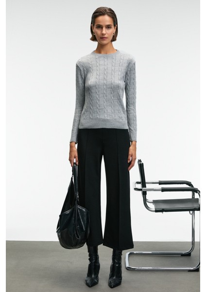 QUERIDA Kadın Yuvarlak Yaka Saç Örgülü Regular Fit Triko Grimelanj Kazak fiyatları