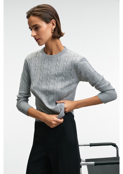 QUERIDA Kadın Yuvarlak Yaka Saç Örgülü Regular Fit Triko Grimelanj Kazak modelleri
