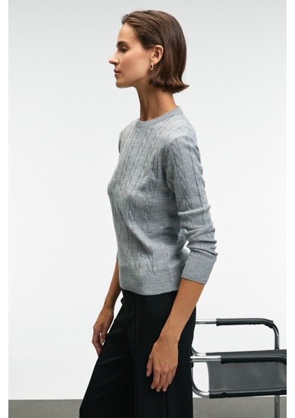QUERIDA Kadın Yuvarlak Yaka Saç Örgülü Regular Fit Triko Grimelanj Kazak indirimleri