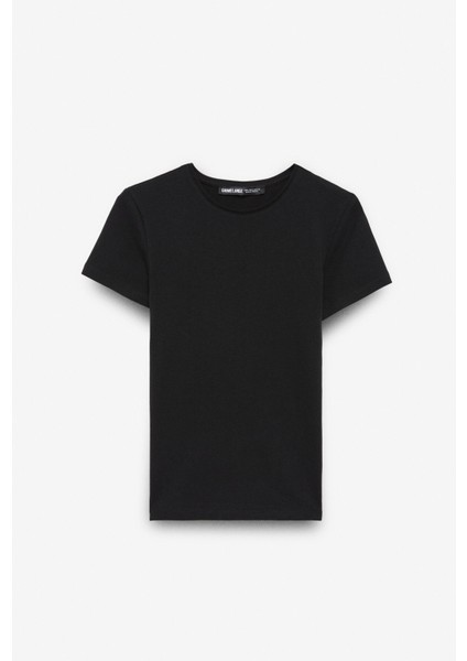 TARELIA Kadın Bisiklet Yaka Kısa Kollu Slim Siyah T-Shirt