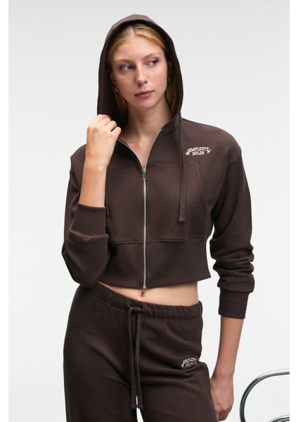 ELARA Kadın Metal Fermuarlı Nakışlı Kapüşonlu Crop Koyu Kahverengi Sweatshirt fırsatları