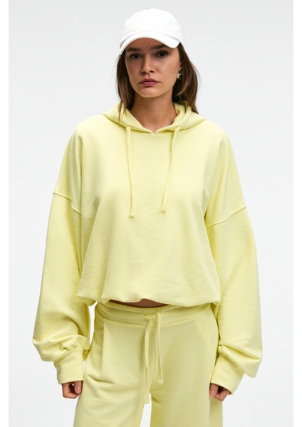 OLVERA Kadın Kapüşonlu Etek Ucu Balon Oversize Sarı Sweatshirt