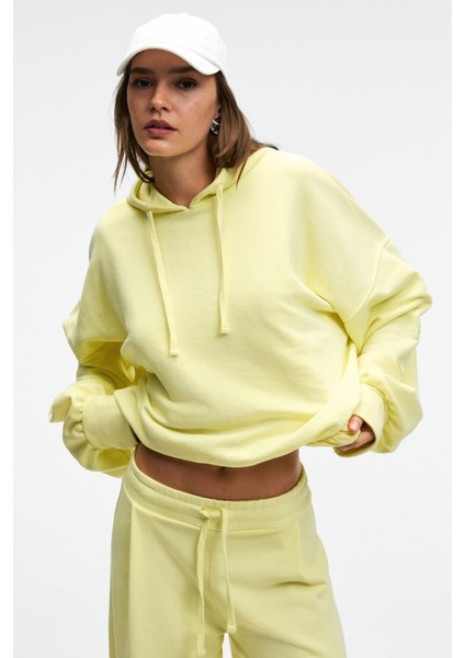 OLVERA Kadın Kapüşonlu Etek Ucu Balon Oversize Sarı Sweatshirt modelleri
