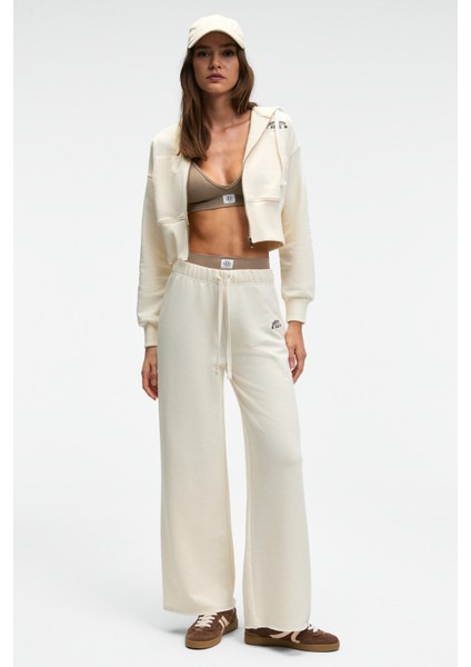 MORVELLA Kadın Nakışlı Regular Fit Ekru Eşofman Altı