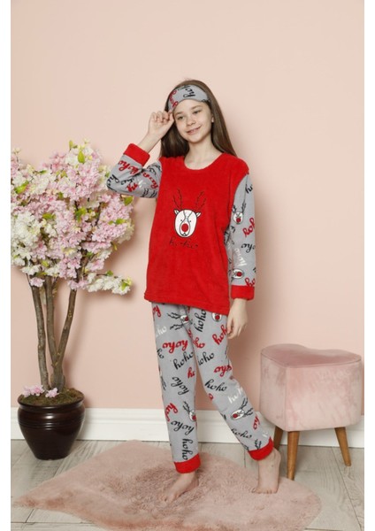 Kız Çocuk 2058 Geyik Desenli Polar Pijama Takım Kırmızı indirimleri