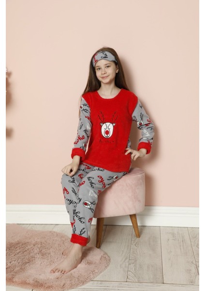 Kız Çocuk 2058 Geyik Desenli Polar Pijama Takım Kırmızı