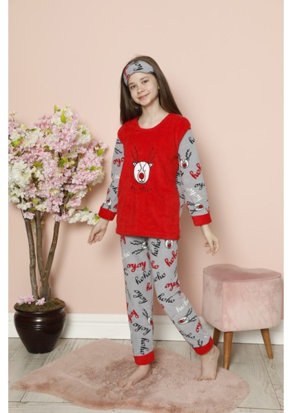 Kız Çocuk 2058 Geyik Desenli Polar Pijama Takım Kırmızı