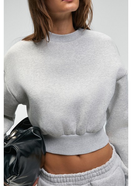 KARALIS Kadın Pamuklu Bisiklet Yaka Crop Grimelanj Sweatshirt fiyatları