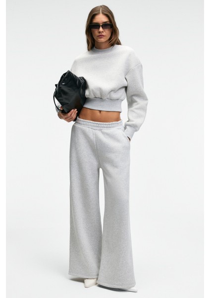 KARALIS Kadın Pamuklu Bisiklet Yaka Crop Grimelanj Sweatshirt modelleri