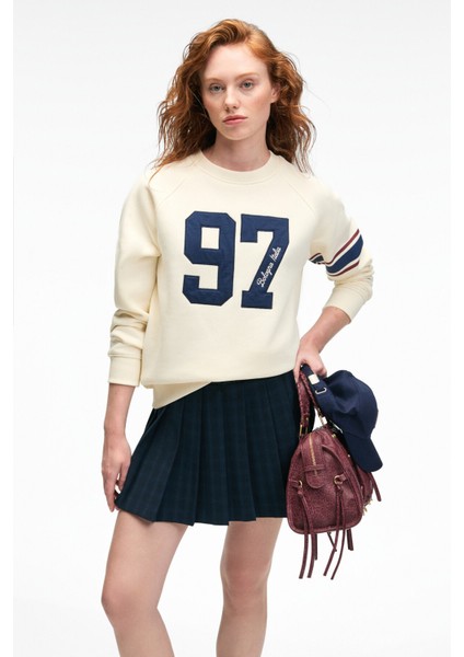 MIRELLAN Kadın Baskılı Yuvarlak Yaka Regular Fit Ekru Sweatshirt