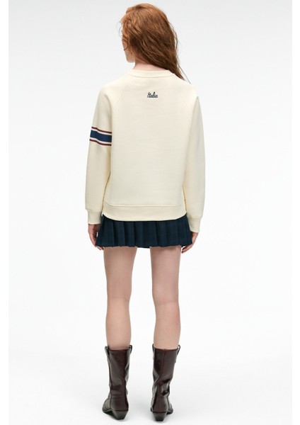 MIRELLAN Kadın Baskılı Yuvarlak Yaka Regular Fit Ekru Sweatshirt