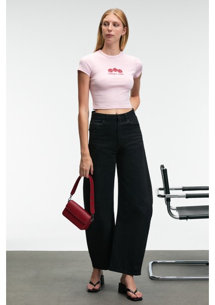 NOVELLE Kadın Bisiklet Yaka Kısa Kollu Önü Baskılı Crop Pembe T-Shirt fırsatları