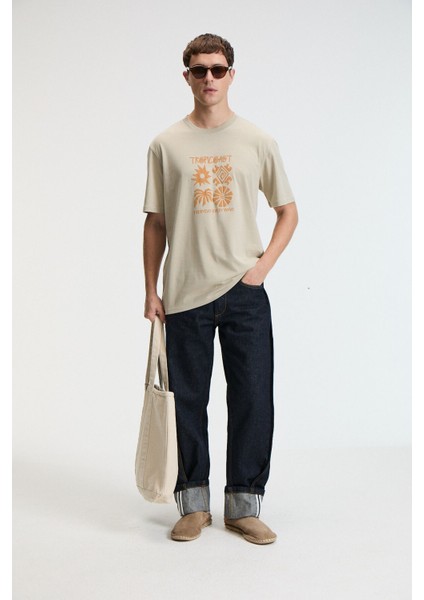 SWEET Erkek %100 Pamuk Oversize Fit Baskılı Kısa Kollu Yuvarlak Yakalı Taş Rengi T-Shirt indirimleri