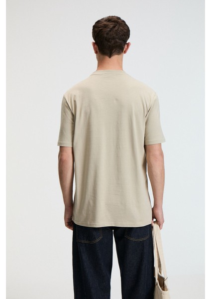 SWEET Erkek %100 Pamuk Oversize Fit Baskılı Kısa Kollu Yuvarlak Yakalı Taş Rengi T-Shirt