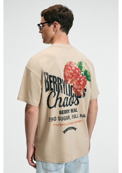 FLAVOR Erkek Oversize %100 Pamuk Baskılı Yuvarlak Yaka Bej T-Shirt