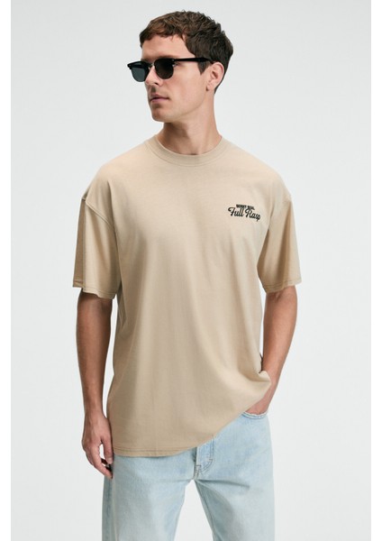 FLAVOR Erkek Oversize %100 Pamuk Baskılı Yuvarlak Yaka Bej T-Shirt fiyatları