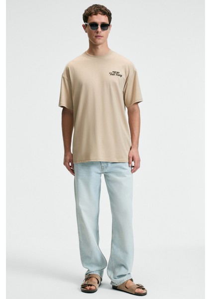 FLAVOR Erkek Oversize %100 Pamuk Baskılı Yuvarlak Yaka Bej T-Shirt modelleri