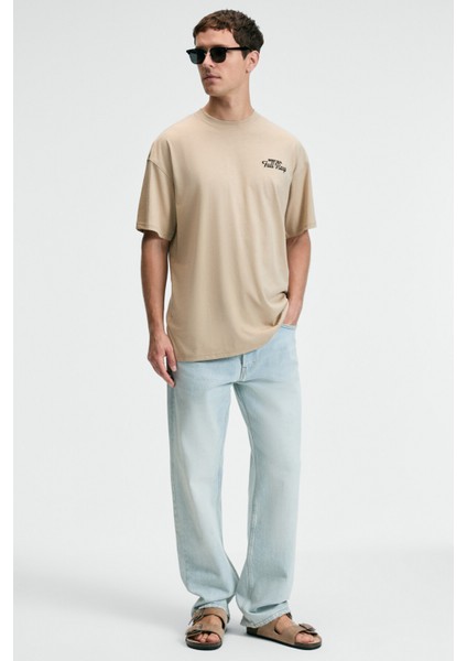 FLAVOR Erkek Oversize %100 Pamuk Baskılı Yuvarlak Yaka Bej T-Shirt fırsatları