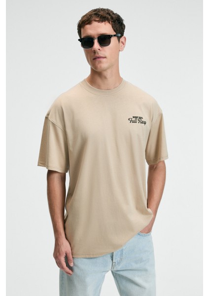 FLAVOR Erkek Oversize %100 Pamuk Baskılı Yuvarlak Yaka Bej T-Shirt indirimleri