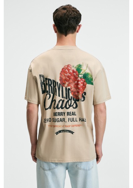 FLAVOR Erkek Oversize %100 Pamuk Baskılı Yuvarlak Yaka Bej T-Shirt
