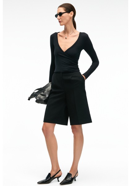 CALLORIA Kadın V Yakalı Uzun Kollu Slim Fit Siyah Bluz