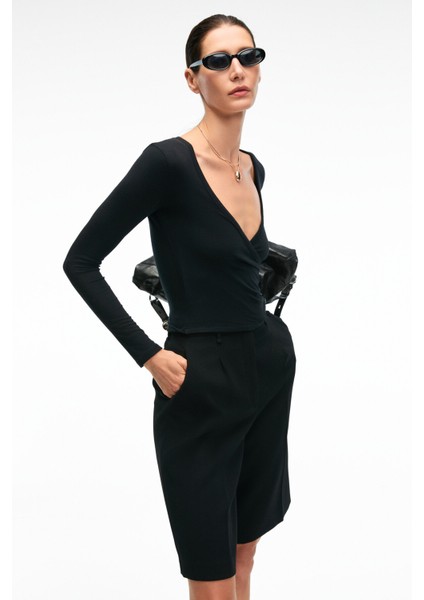 CALLORIA Kadın V Yakalı Uzun Kollu Slim Fit Siyah Bluz