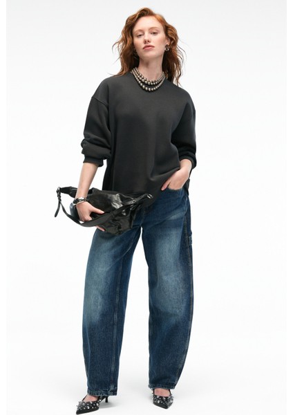 ESME Kadın Oversize Yuvarlak Yakalı Kol Ucu Ve Etek Ucu Manşetli Antrasit Sweatshirt indirimleri