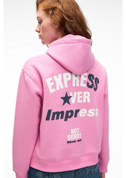 YUMEA Kadın Oversize Kapüşonlu Baskılı Pembe Sweatshirt
