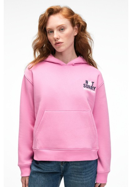 YUMEA Kadın Oversize Kapüşonlu Baskılı Pembe Sweatshirt modelleri