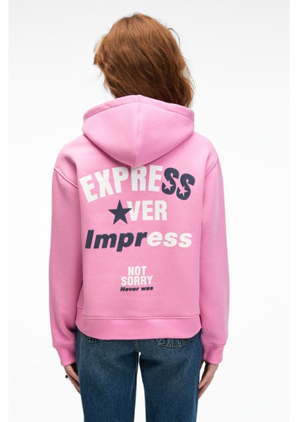 YUMEA Kadın Oversize Kapüşonlu Baskılı Pembe Sweatshirt fırsatları