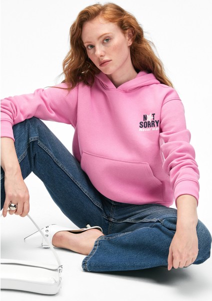 YUMEA Kadın Oversize Kapüşonlu Baskılı Pembe Sweatshirt indirimleri