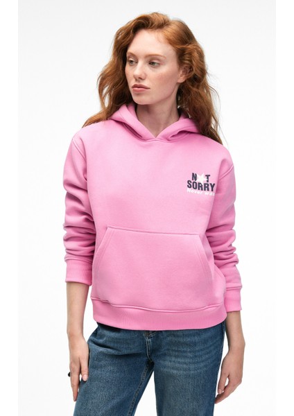 YUMEA Kadın Oversize Kapüşonlu Baskılı Pembe Sweatshirt