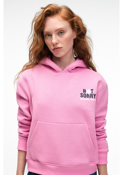 YUMEA Kadın Oversize Kapüşonlu Baskılı Pembe Sweatshirt