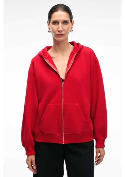 VALENYA Kadın Oversize Kapüşonlu Balon Kollu Metal Fermuarlı Kırmızı Sweatshirt