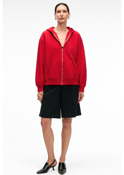 VALENYA Kadın Oversize Kapüşonlu Balon Kollu Metal Fermuarlı Kırmızı Sweatshirt fiyatları