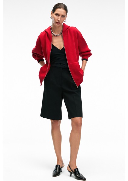 VALENYA Kadın Oversize Kapüşonlu Balon Kollu Metal Fermuarlı Kırmızı Sweatshirt modelleri