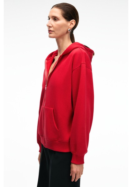 VALENYA Kadın Oversize Kapüşonlu Balon Kollu Metal Fermuarlı Kırmızı Sweatshirt fırsatları