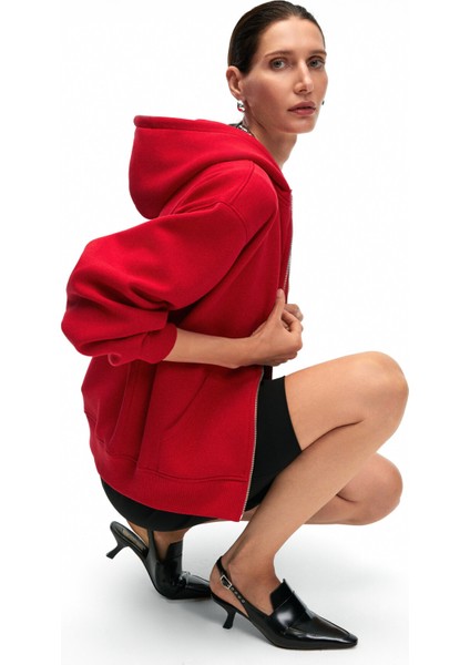 VALENYA Kadın Oversize Kapüşonlu Balon Kollu Metal Fermuarlı Kırmızı Sweatshirt