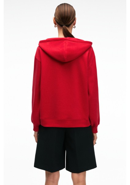VALENYA Kadın Oversize Kapüşonlu Balon Kollu Metal Fermuarlı Kırmızı Sweatshirt