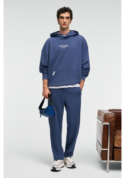 CLARENCE Erkek %100 Pamuk Kordonlu Lastikli Bel Arka Cebi Süs Etiketli İndigo Eşofman Altı