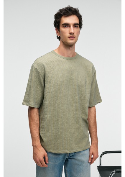 VINTAGE Erkek Kısa Kollu Yuvarlak Yaka Dokulu Gofre Kumaş Regular Fit Haki T-Shirt