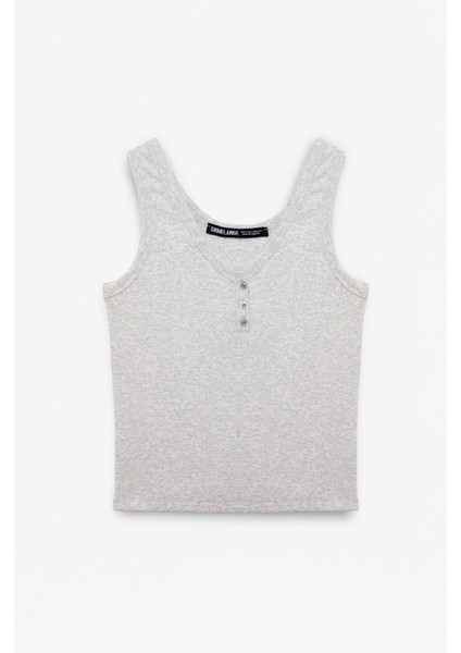 Mavsera Kadın Kalın Askılı U Yaka Patlı Düğmeli Crop Slim Grimelanj Atlet